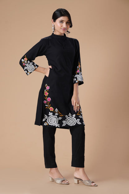 Black Floral Embroidered Thread Work Mandarin Collar Pure Cotton Kurta With Trousers