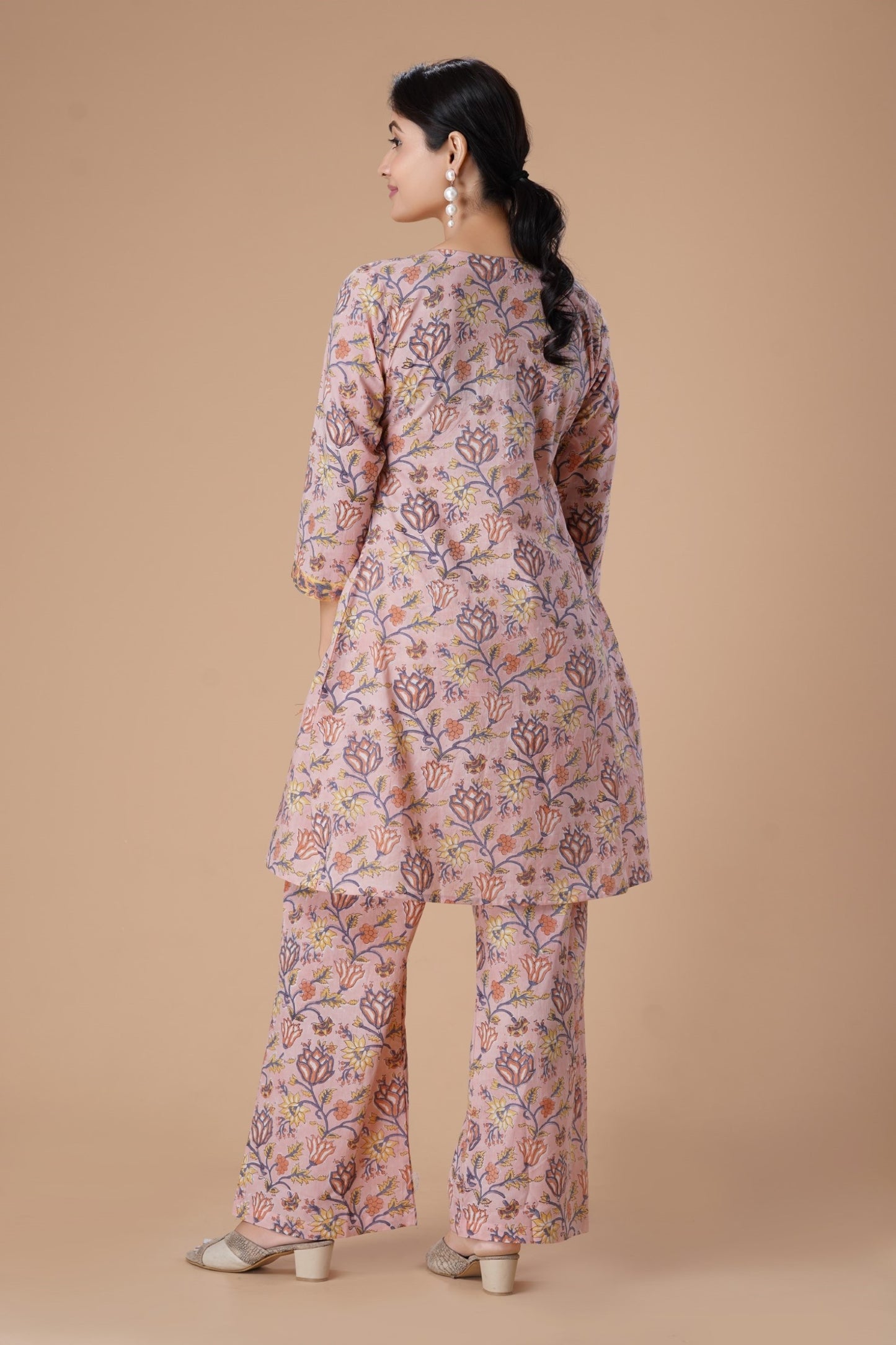 Peach Floral Printed Angrakha Pure Cotton Block Print Straight Kurta with Palazzos