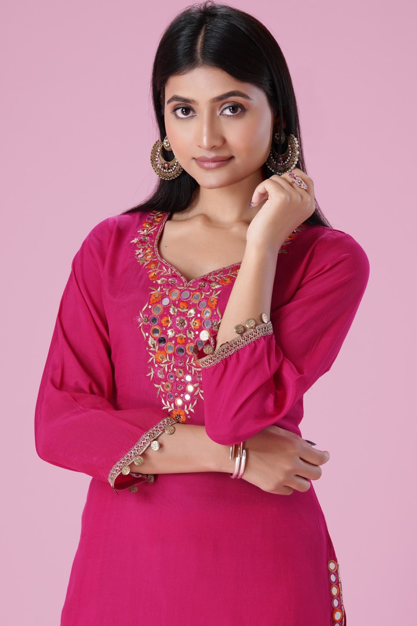 Pink Mirror Work Kurta Set