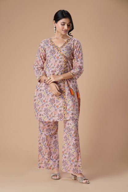 Peach Floral Printed Angrakha Pure Cotton Block Print Straight Kurta with Palazzos