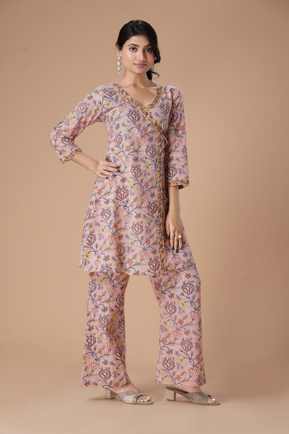 Peach Floral Printed Angrakha Pure Cotton Block Print Straight Kurta with Palazzos