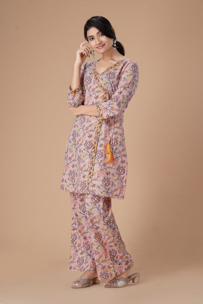 Peach Floral Printed Angrakha Pure Cotton Block Print Straight Kurta with Palazzos