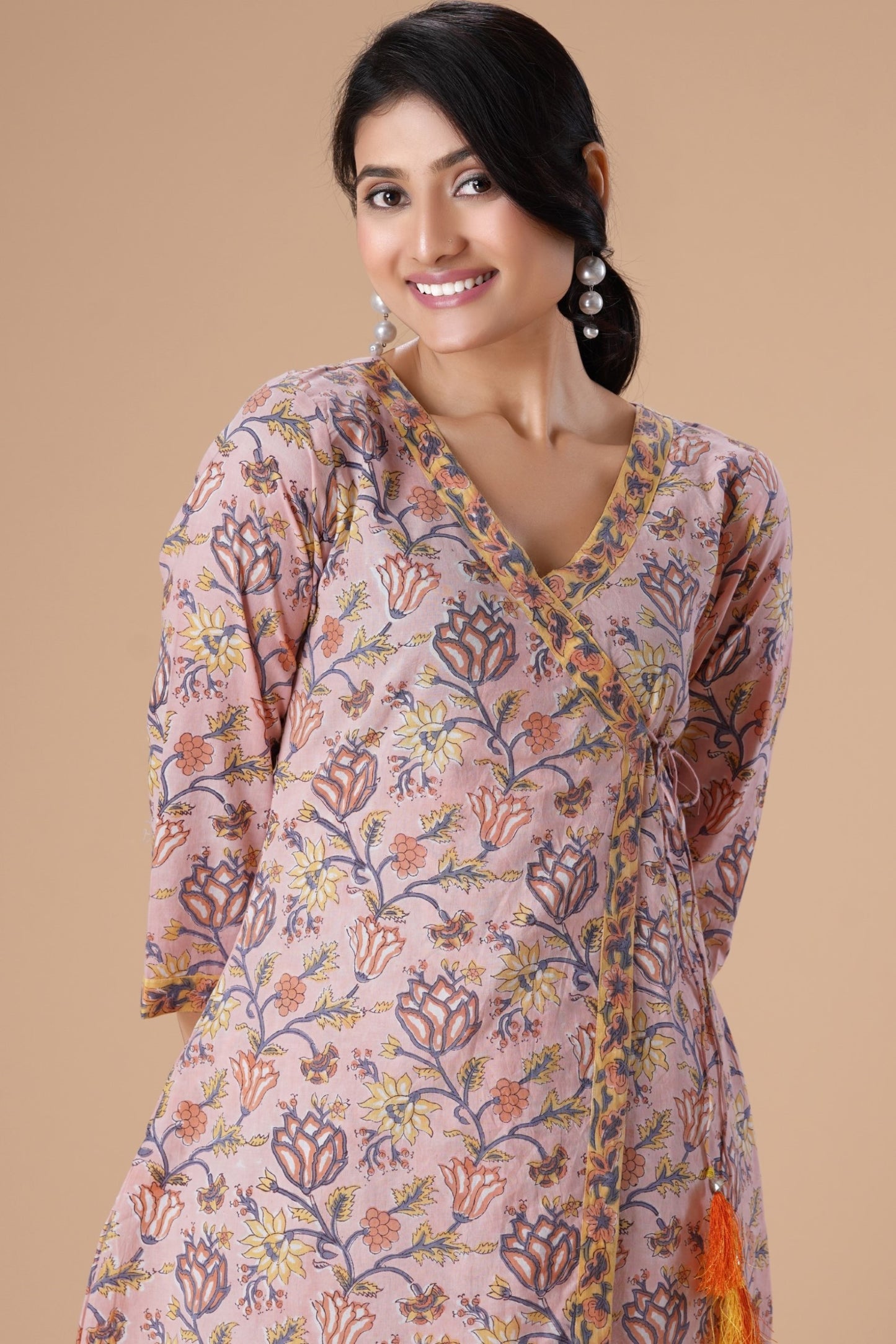 Peach Floral Printed Angrakha Pure Cotton Block Print Straight Kurta with Palazzos