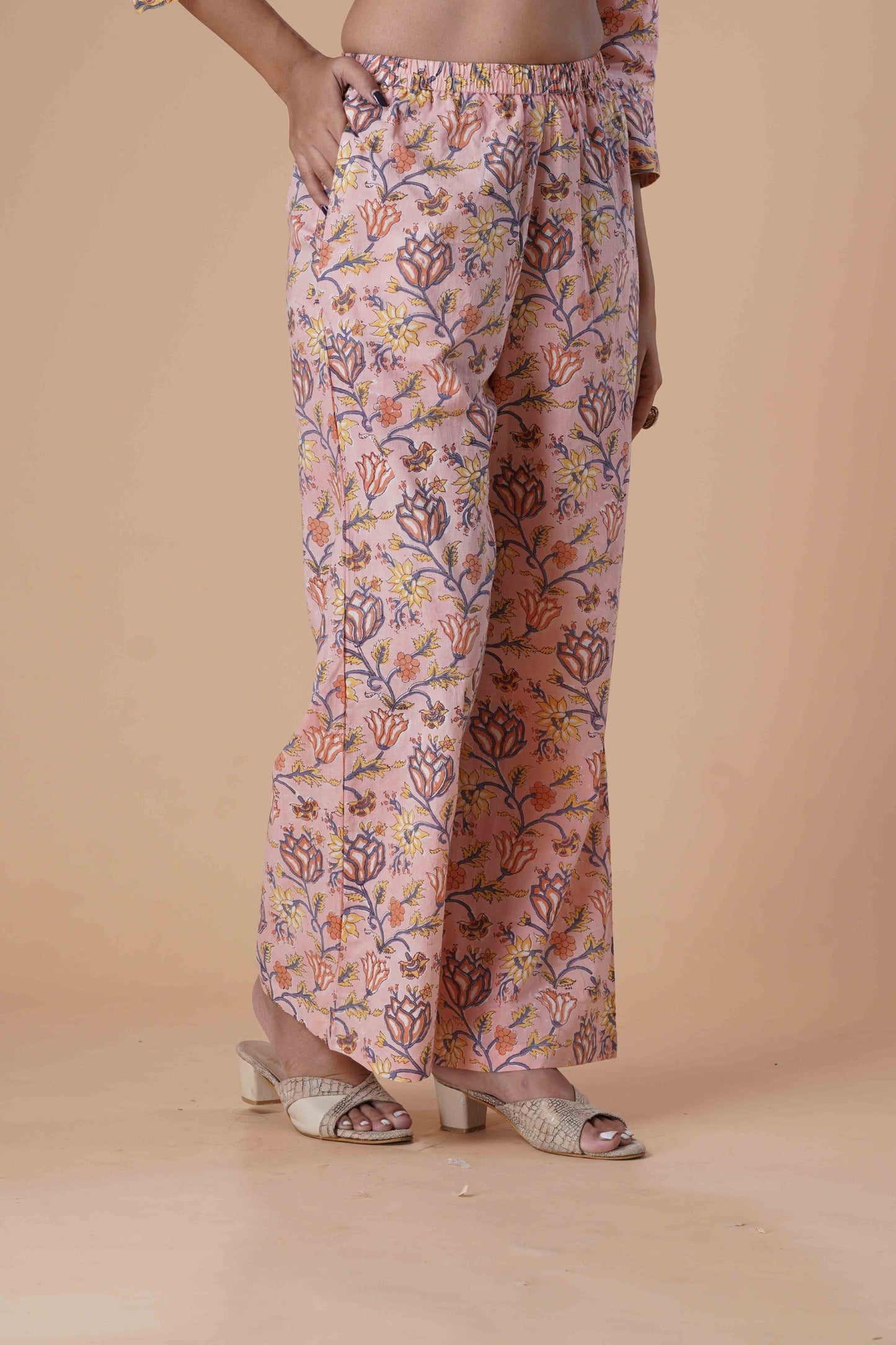 Peach Floral Printed Angrakha Pure Cotton Block Print Straight Kurta with Palazzos