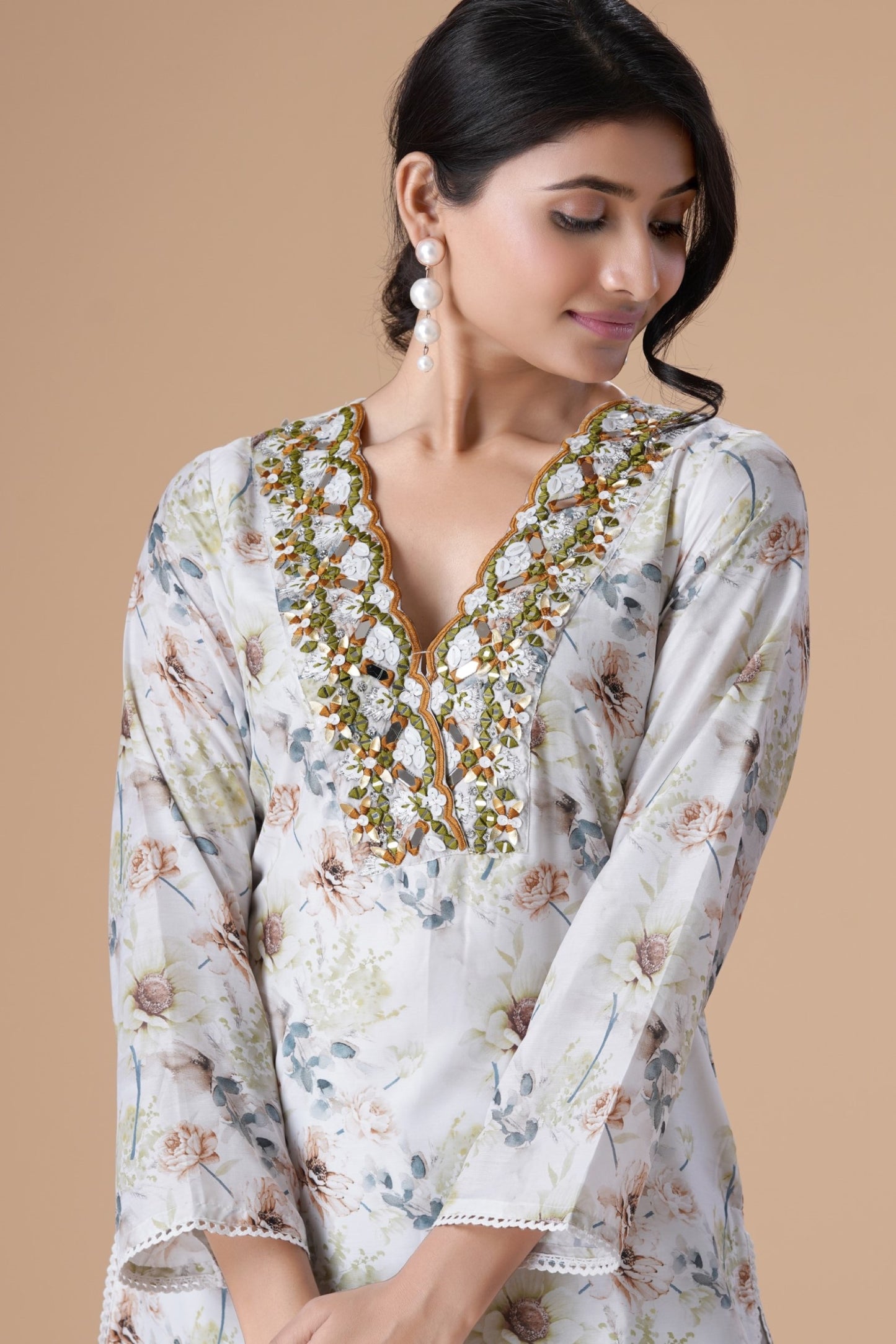 Mirror Work Printed Sequined Kurta Set