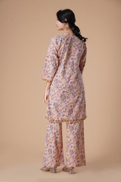 Peach Floral Printed V-Neck Pure Cotton Block Print A-Line Kurta With Palazzos