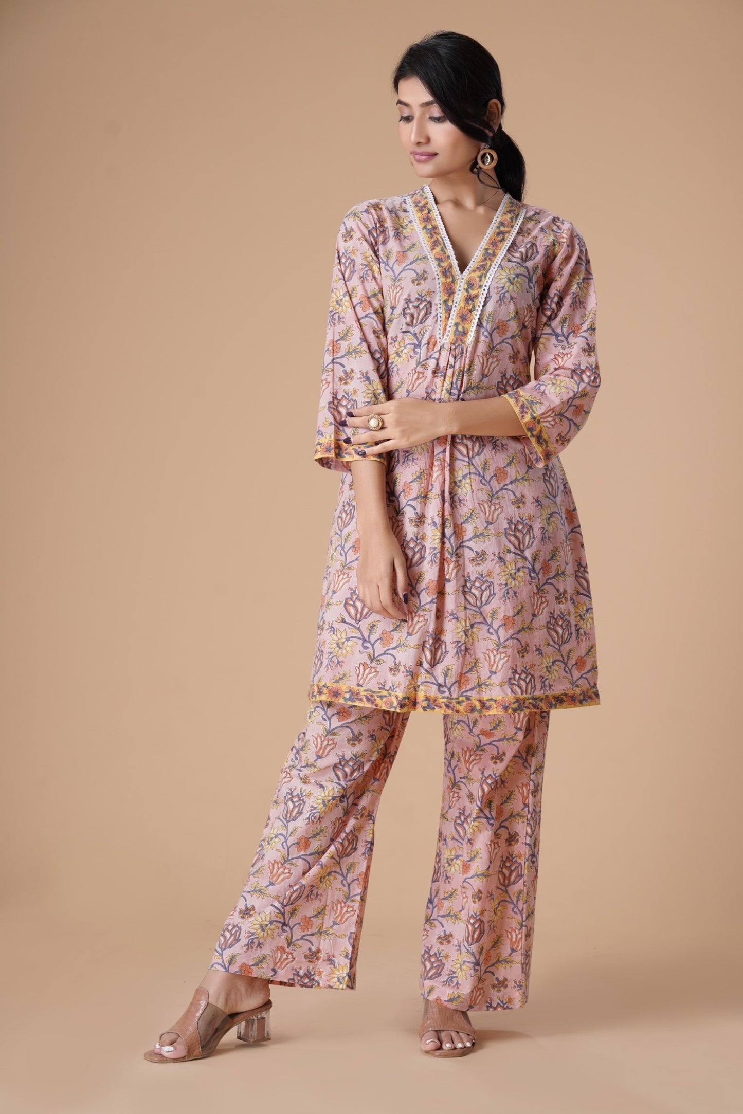 Peach Floral Printed V-Neck Pure Cotton Block Print A-Line Kurta With Palazzos