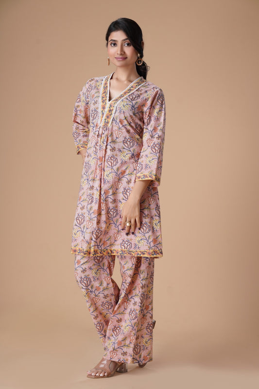 Peach Floral Printed V-Neck Pure Cotton Block Print A-Line Kurta With Palazzos