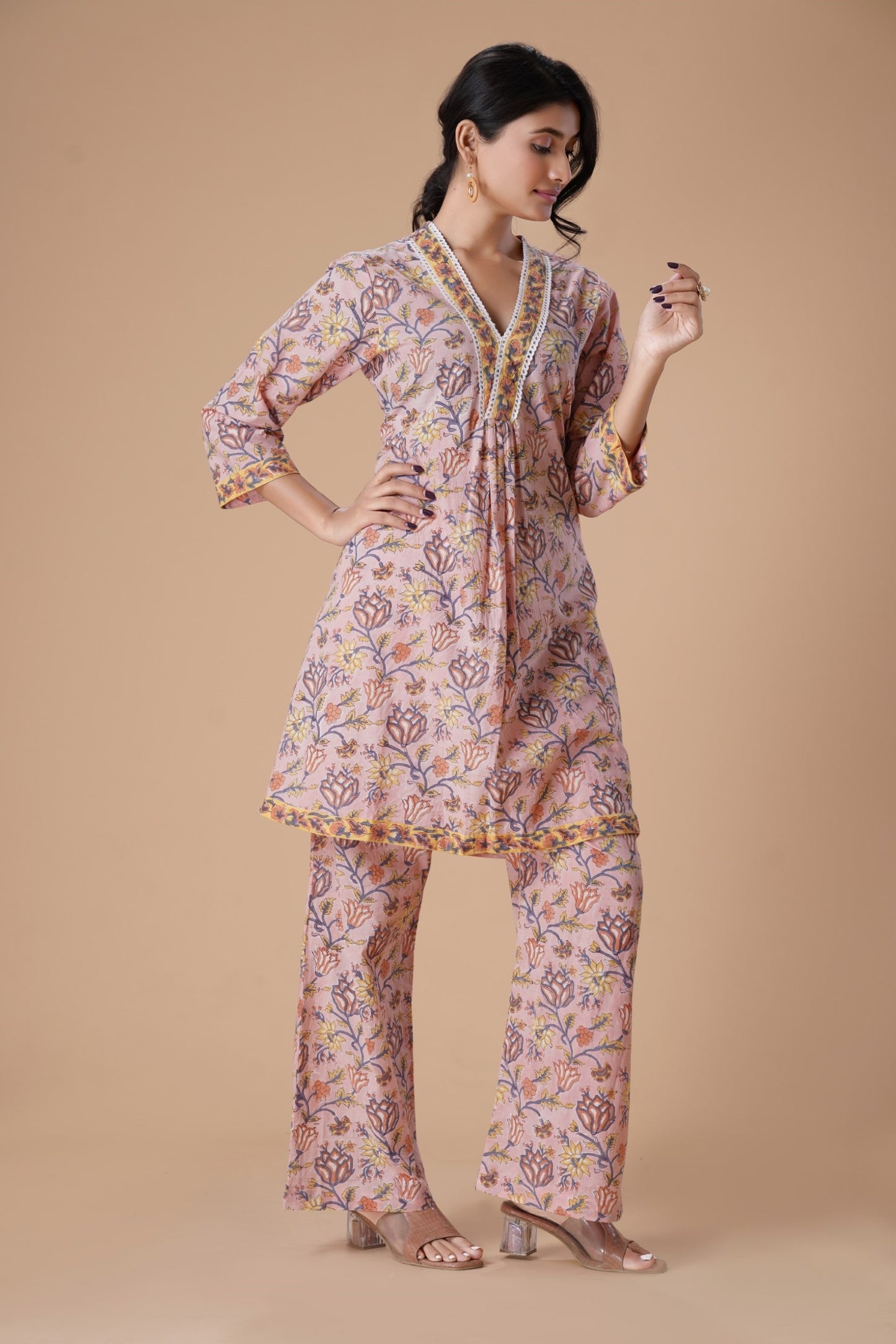 Peach Floral Printed V-Neck Pure Cotton Block Print A-Line Kurta With Palazzos