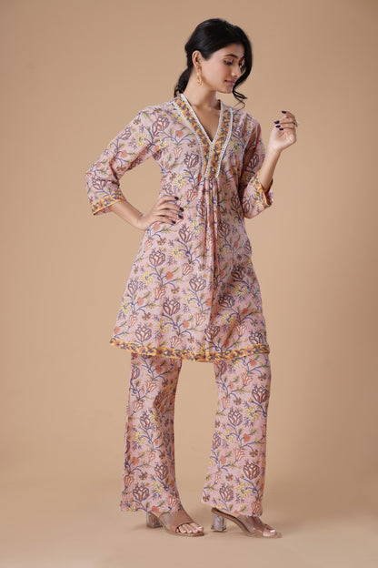 Peach Floral Printed V-Neck Pure Cotton Block Print A-Line Kurta With Palazzos