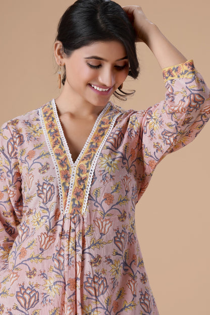 Peach Floral Printed V-Neck Pure Cotton Block Print A-Line Kurta With Palazzos