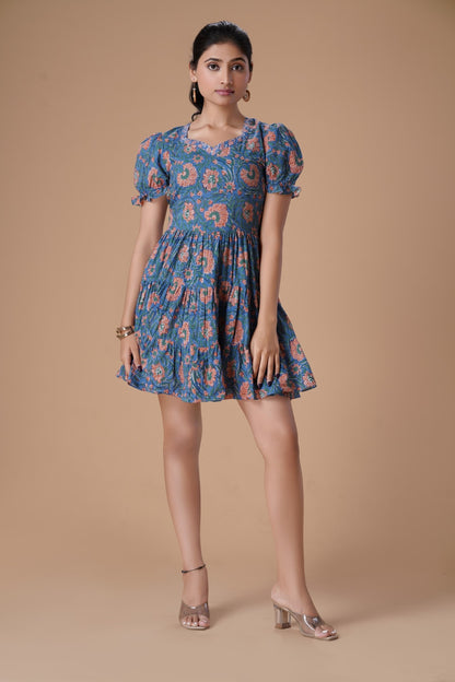 Teal Blue HandBlock Printed  Fit And Flare Dress