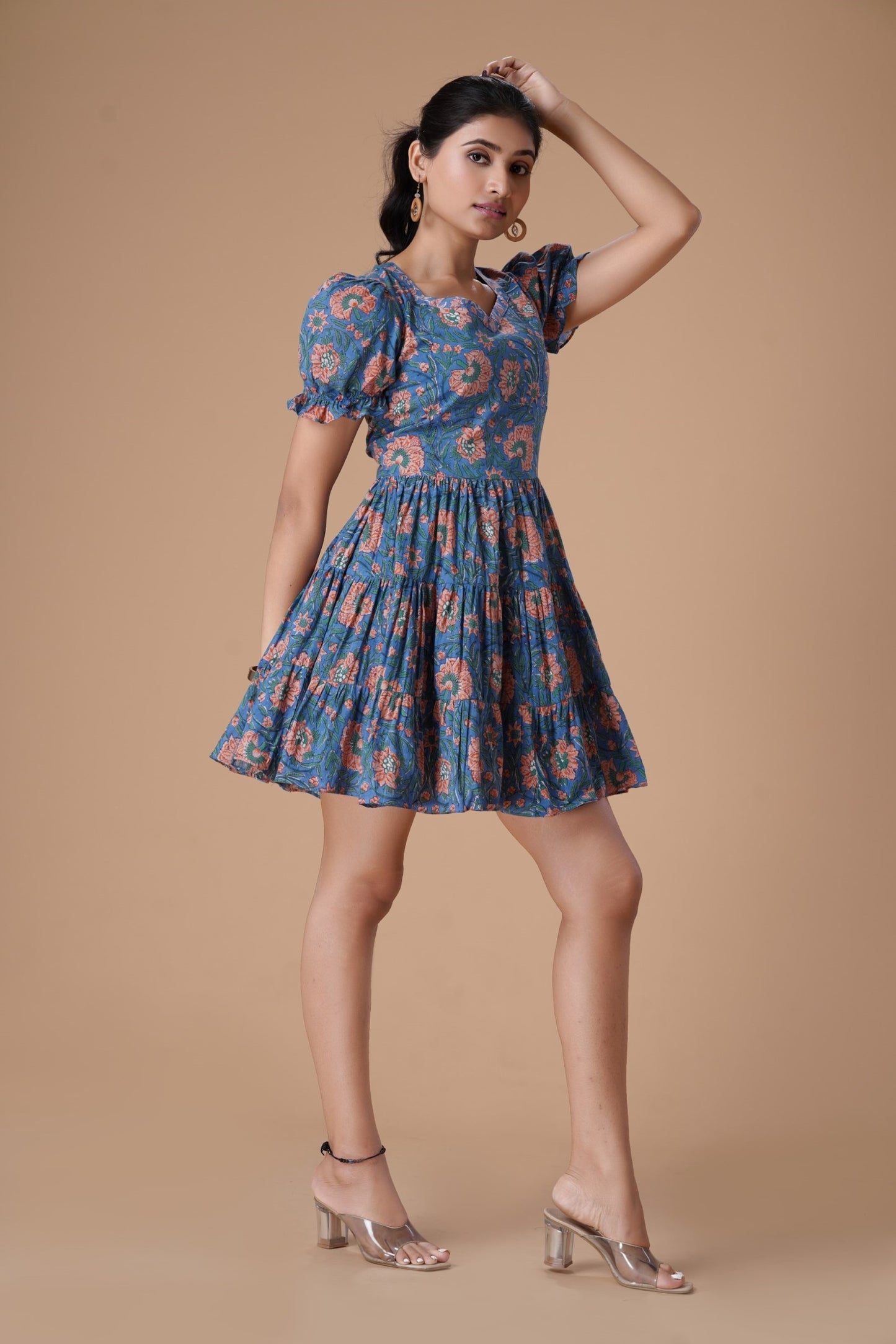 Teal Blue HandBlock Printed  Fit And Flare Dress