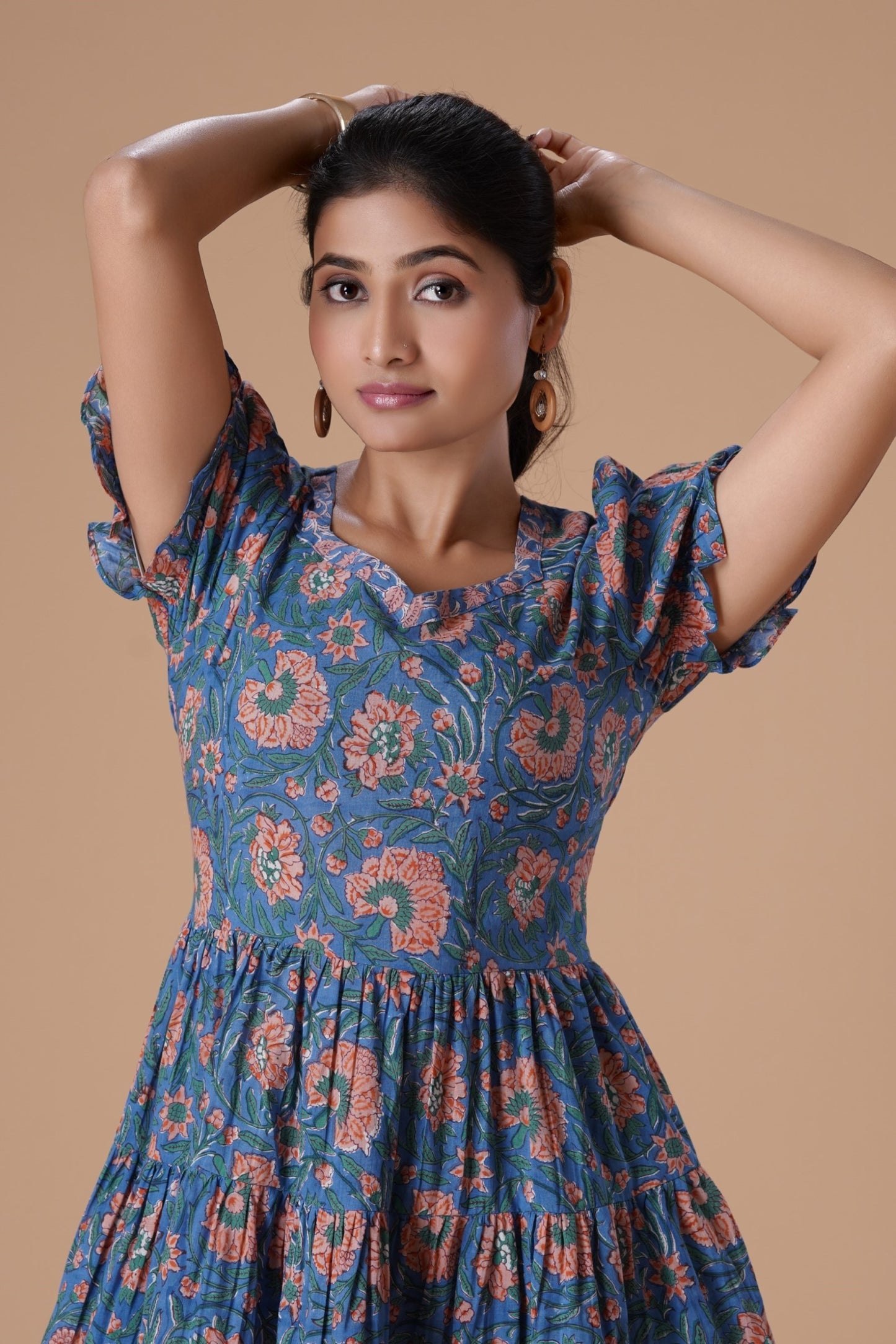 Teal Blue HandBlock Printed  Fit And Flare Dress