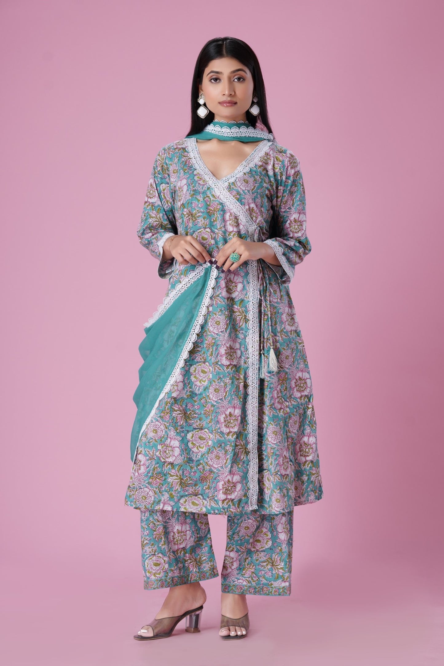 Teal Blue HandBlock Printed Anarkali Set